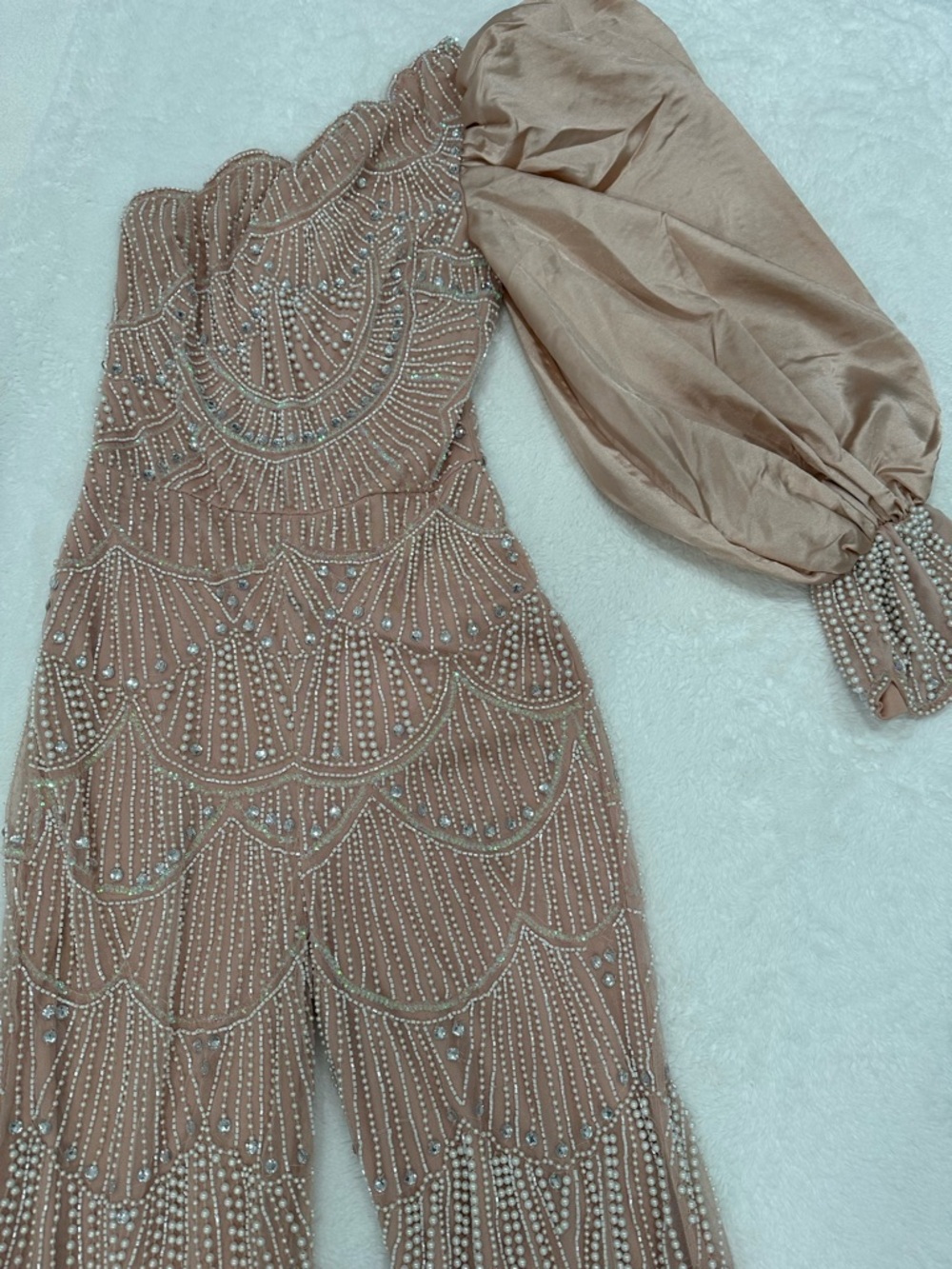 ASOS Beaded One-Shoulder Jumpsuit in Nude Blush flare leg size 0 NWT